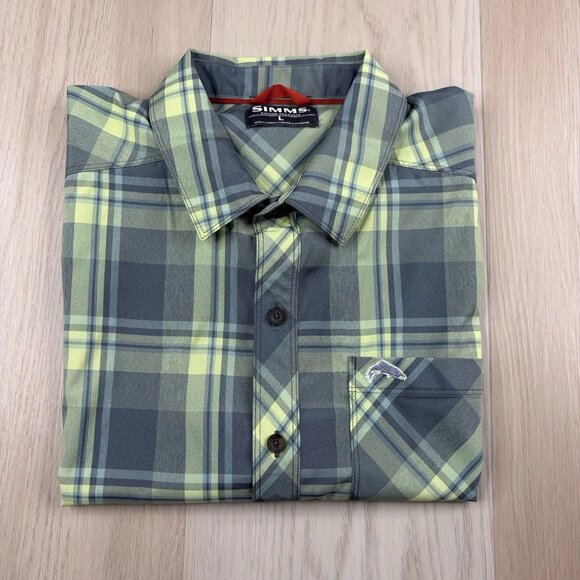 Simms Shirt Mens L Large Gray Green Plaid Performance Fishing Short Sleeve - Picture 1 of 10